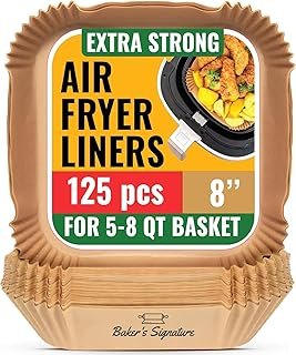 Air Fryer Paper Liners, 125Pcs Air Fryer Disposable Liners, Non-Stick and Oil Proof for Easy Cleanup, 8” Square for 5-8 qt Basket by Baker's Signature